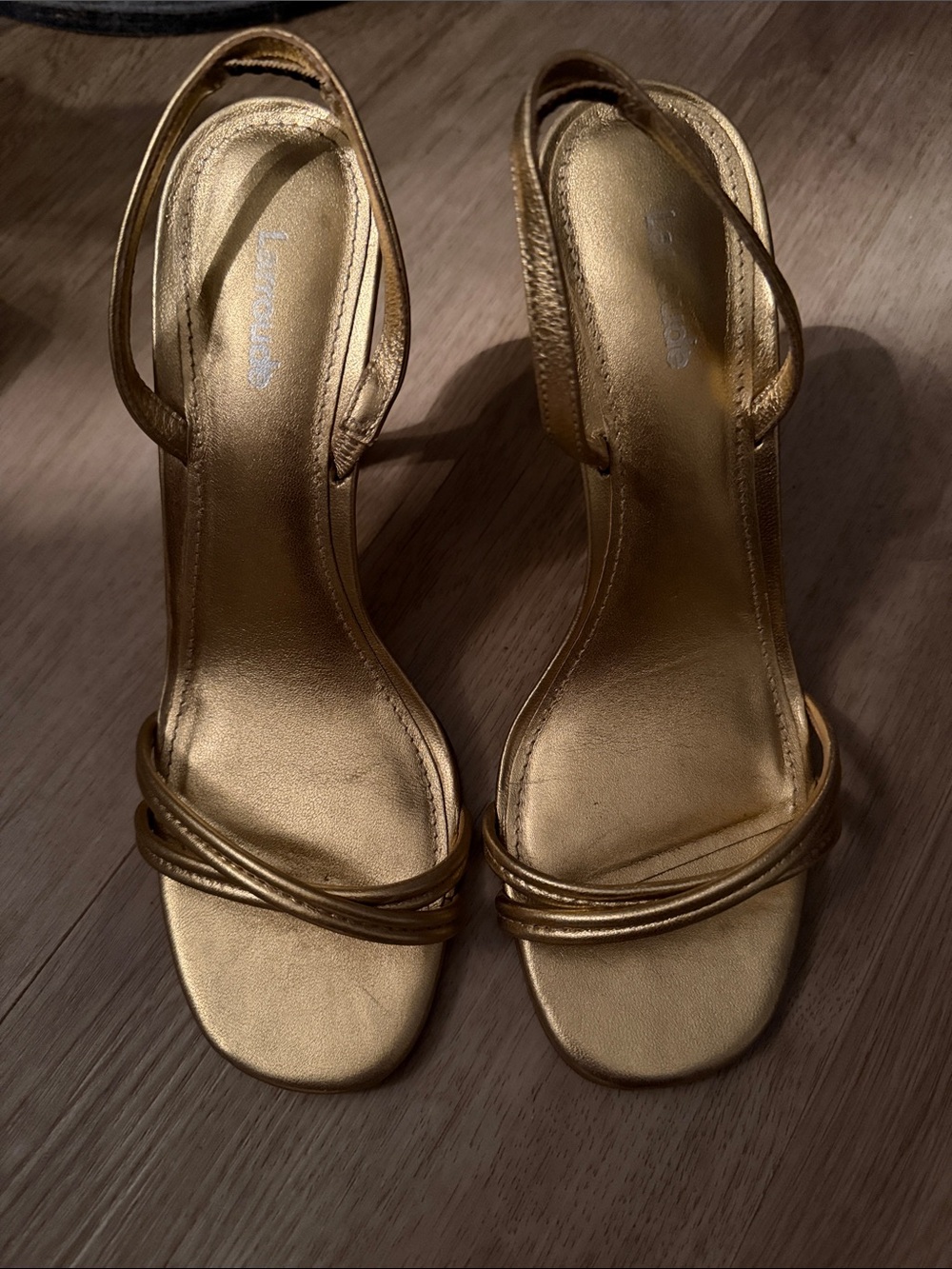 Larroude Metallic Gold Strappy Slingback Heels